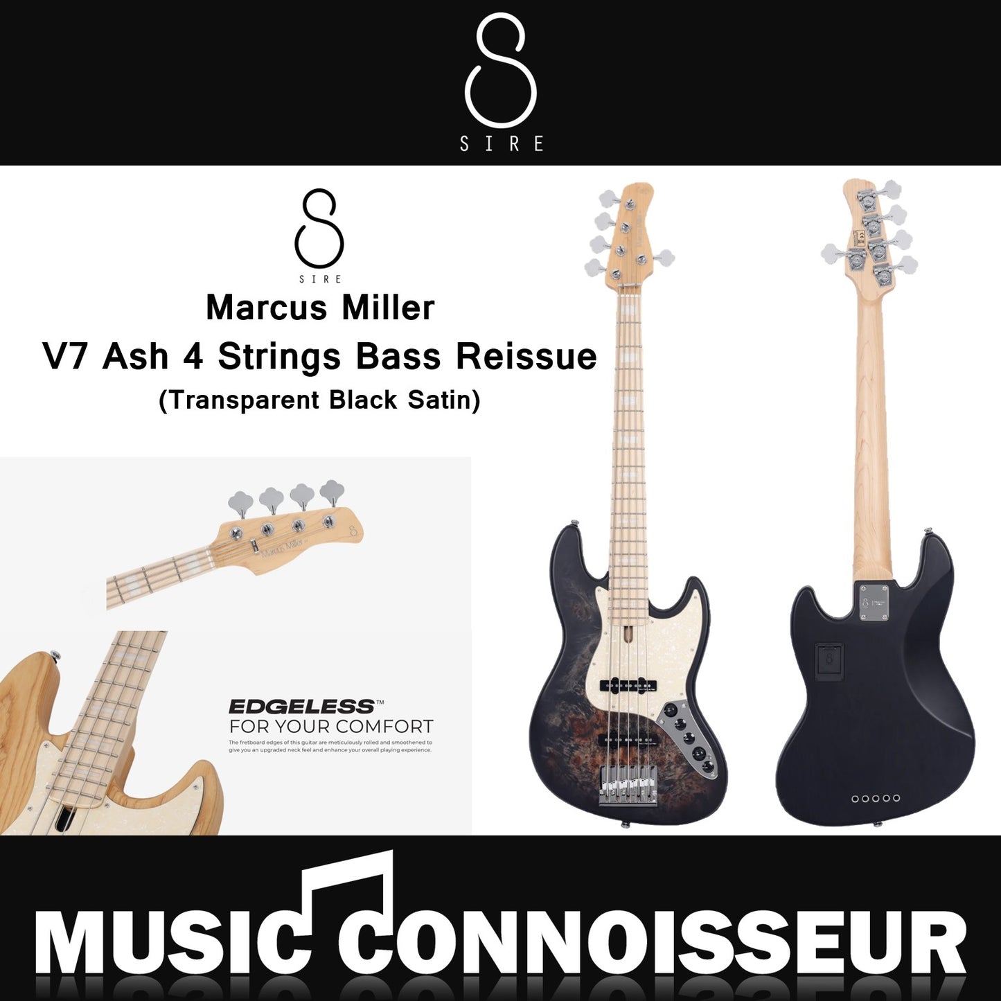 Sire Marcus Miller V7 Ash 4 Strings Bass Reissue (Transparent Black Satin)