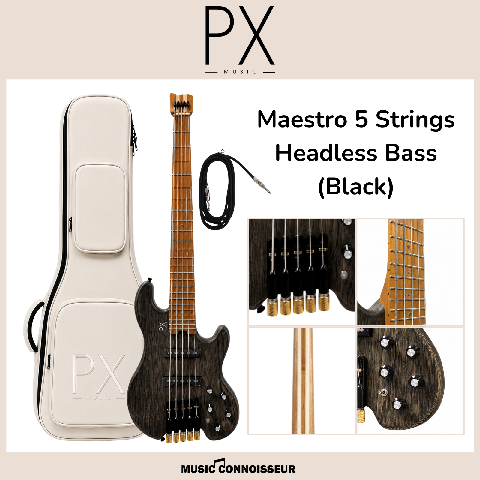 PX Maestro 5 Strings Headless Bass (Black) – Music Connoisseur Singapore