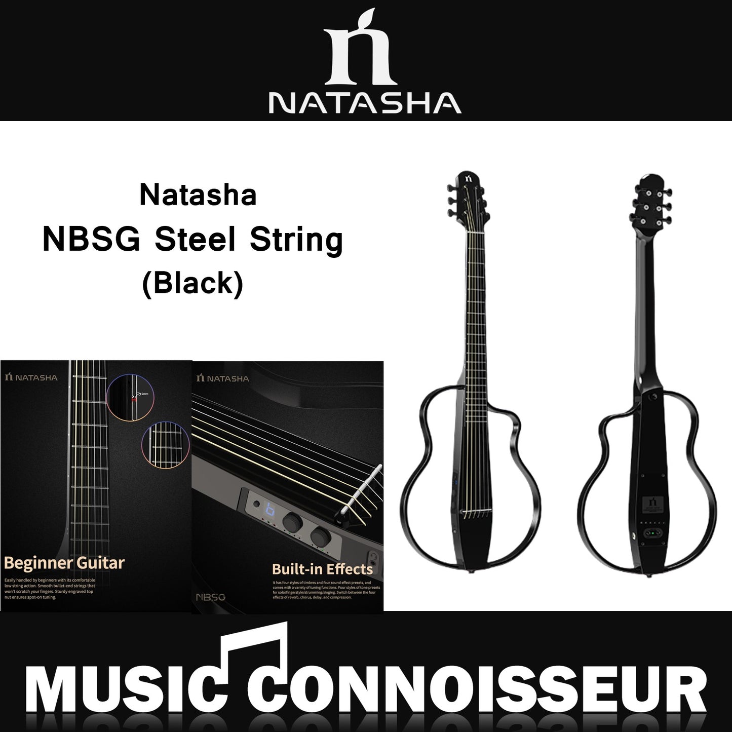 Natasha NBSG Steel String Silent Smart Guitar (BK)