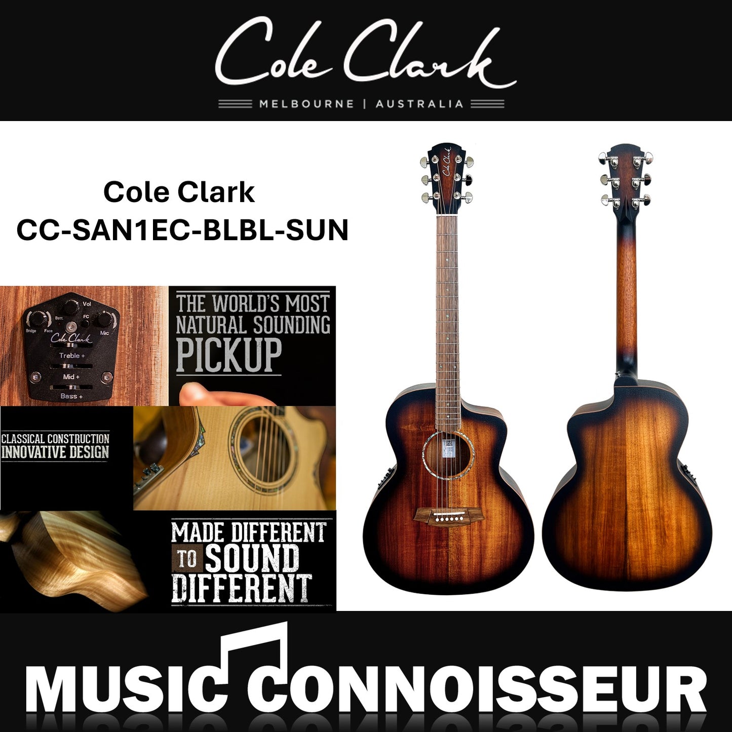 Cole Clark Studio Acoustic Guitar CC-SAN1EC-BLBL-SUN